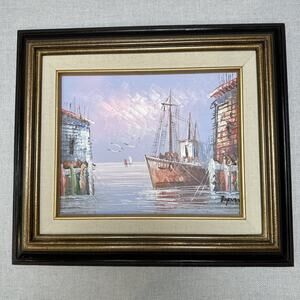 Signed Burnett Harbor Scene Oil Painting Framed Ship Seascape Nautical Wall Art
